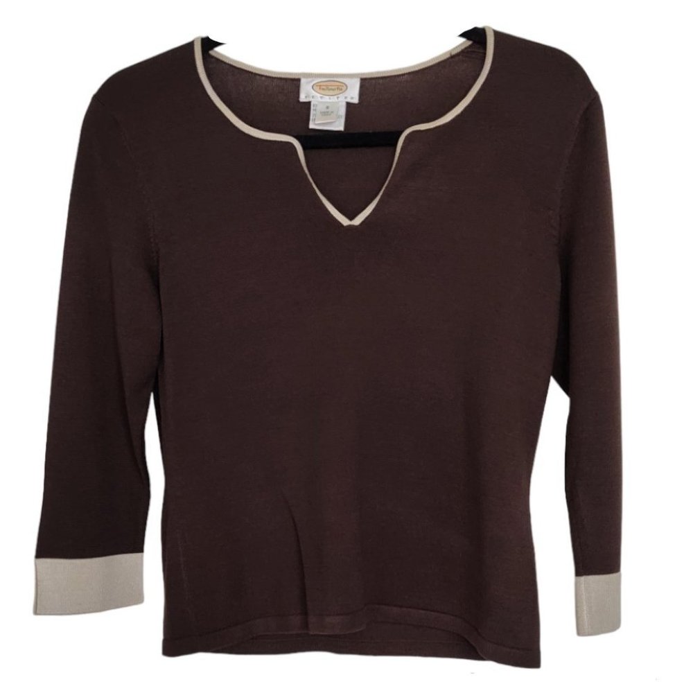 Talbots Chocolate Brown Tan Trim Round Neck Silk Blend Knit Pullover Sweater  SP